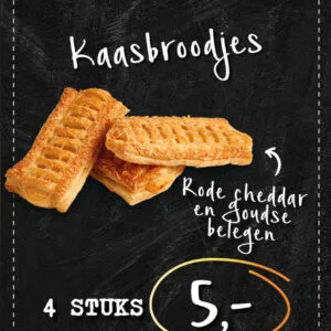 Kaasbroodjes 4 stuks 5 euro.